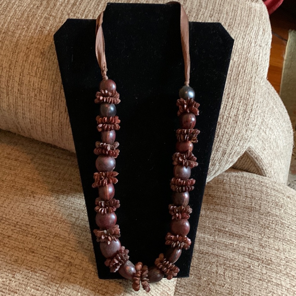 Unique Vintage Hawaiian Kukui nut bead & apple seed lei necklace 28” ribbon tie